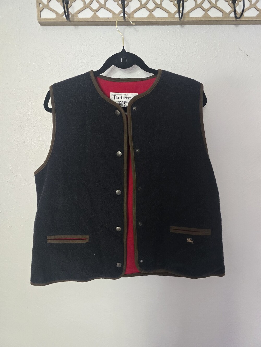 Vintage Burberry Grey Quilted Vest with Red Lining and Brown Trim
